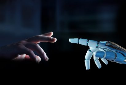 White cyborg finger about to touch human finger on dark background 3D rendering